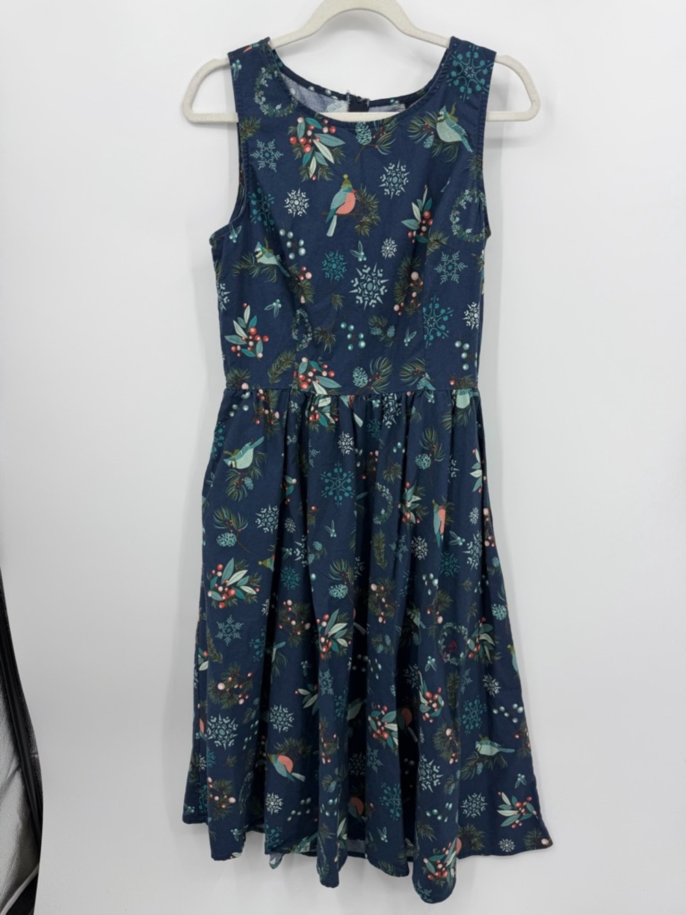 Retrolicious Bird Floral winter holly Midi Dress Women XL Blue Whimsical Cottage